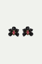 Post Earrings with Black Orchid and Pink Faceted Crystal