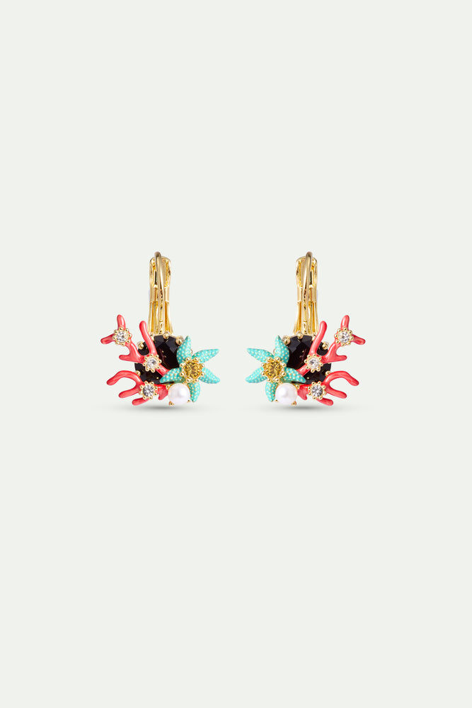 Sleeper Earrings with Round Black Faceted Stone, Red Coral, Blue Starfish and Cultured Pearl