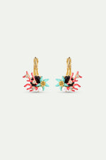 Sleeper Earrings with Round Black Faceted Stone, Red Coral, Blue Starfish and Cultured Pearl