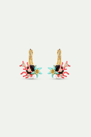 Sleeper Earrings with Round Black Faceted Stone, Red Coral, Blue Starfish and Cultured Pearl