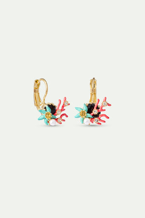 Sleeper Earrings with Round Black Faceted Stone, Red Coral, Blue Starfish and Cultured Pearl