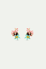 Post Earrings with Round Black Faceted Stone, Red Coral, Blue Starfish and Cultured Pearl