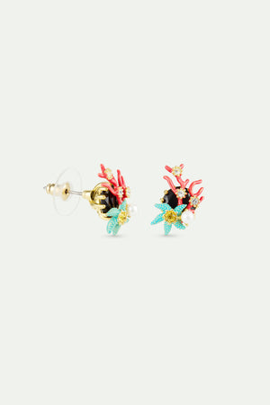 Post Earrings with Round Black Faceted Stone, Red Coral, Blue Starfish and Cultured Pearl