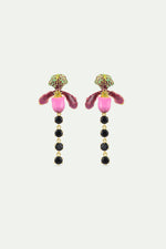 Dangle Post Earrings with Purple Lady's Slipper Orchid and Black Faceted Glass