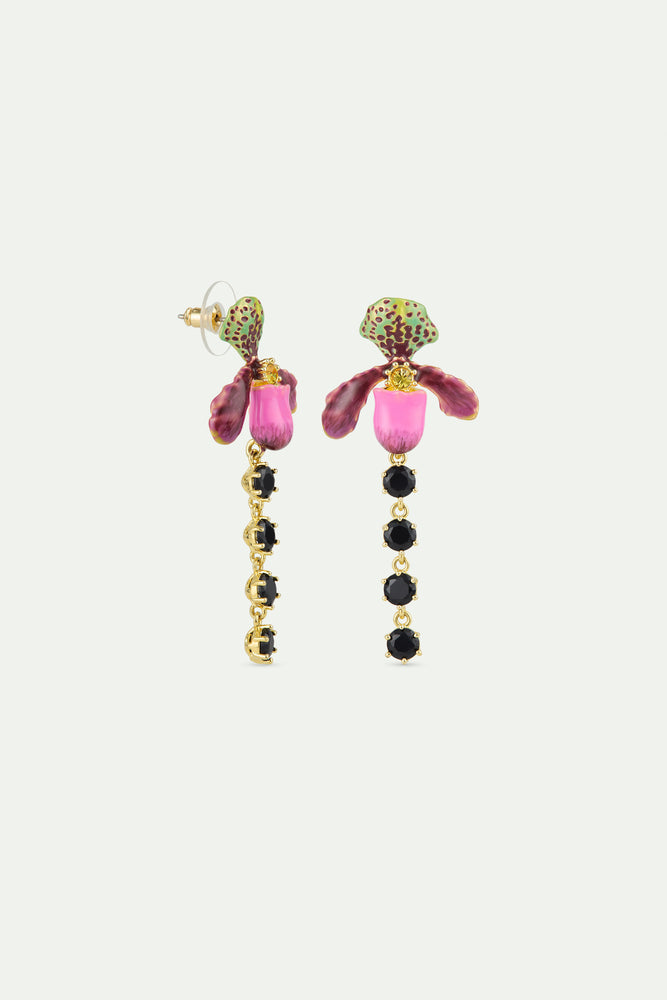 Dangle Post Earrings with Purple Lady's Slipper Orchid and Black Faceted Glass