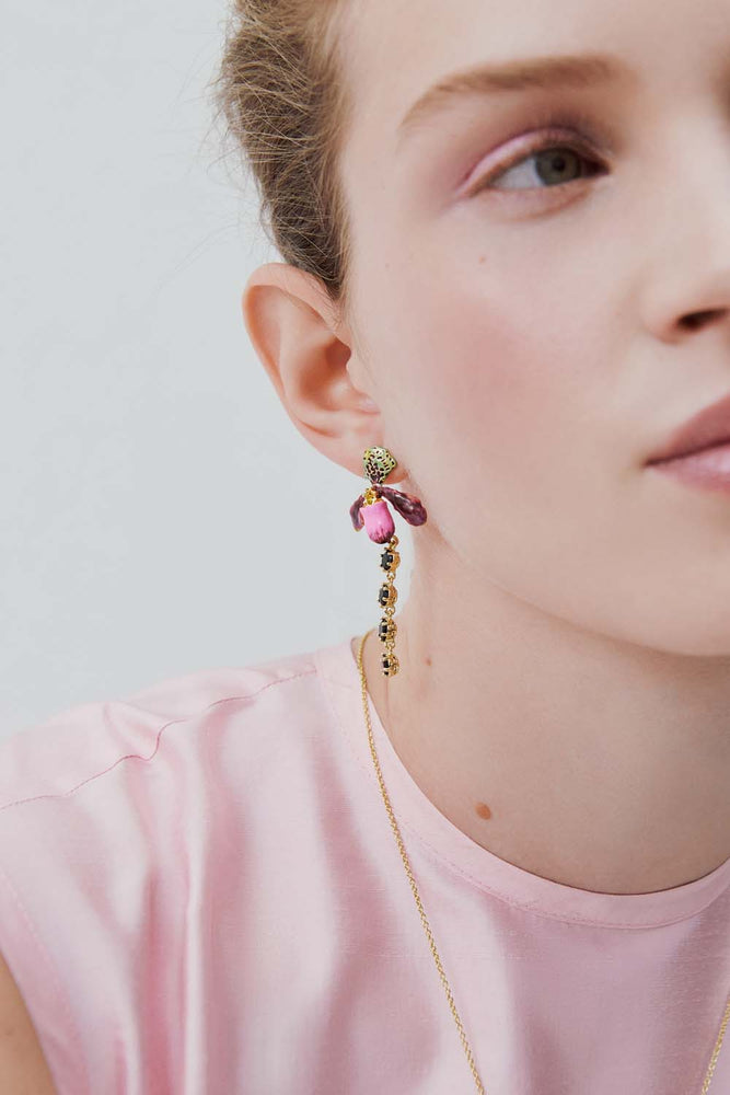 Dangle Clip-On Earrings with Purple Lady's Slipper Orchid and Black Faceted Glass