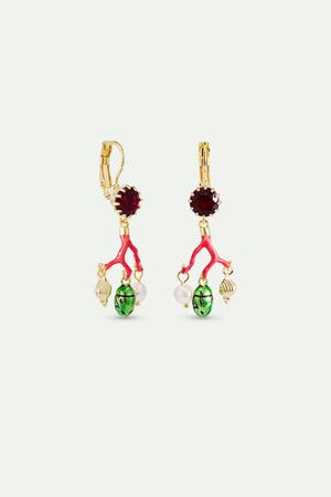 Coral Sleeper Earrings, Red Faceted Glass, Cultured Pearl, Golden Beetle and Seashell