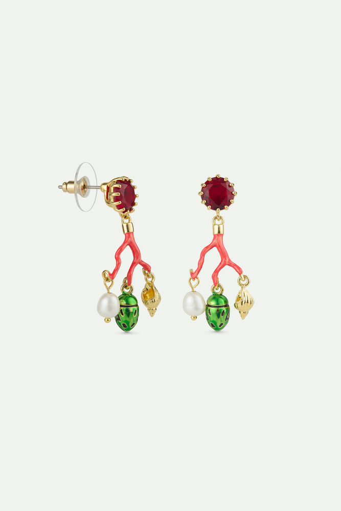 Coral Post Earrings, Red Faceted Glass, Cultured Pearl, Golden Beetle and Seashell