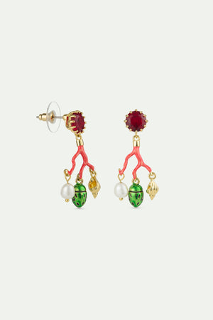 Coral Post Earrings, Red Faceted Glass, Cultured Pearl, Golden Beetle and Seashell