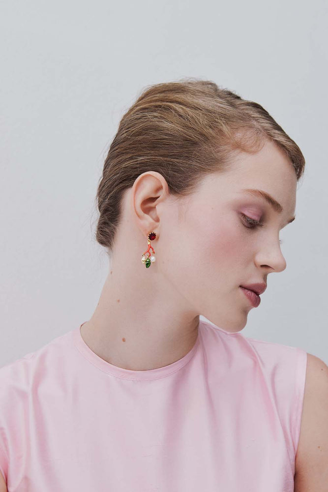 Coral Sleeper Earrings, Red Faceted Glass, Cultured Pearl, Golden Beetle and Seashell