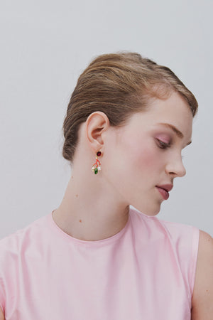 Coral Post Earrings, Red Faceted Glass, Cultured Pearl, Golden Beetle and Seashell