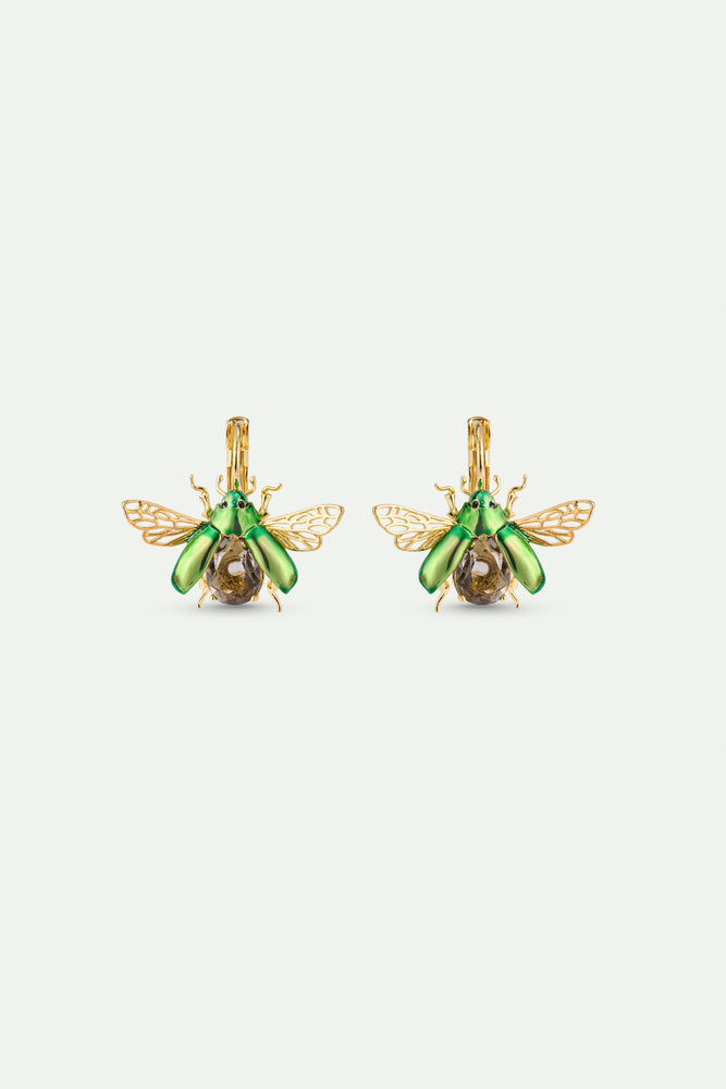 Flying Green Rose Chafer and Black Faceted Glass Stone Sleeper earrings