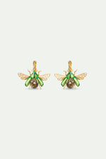Flying Green Rose Chafer and Black Faceted Glass Stone Sleeper earrings