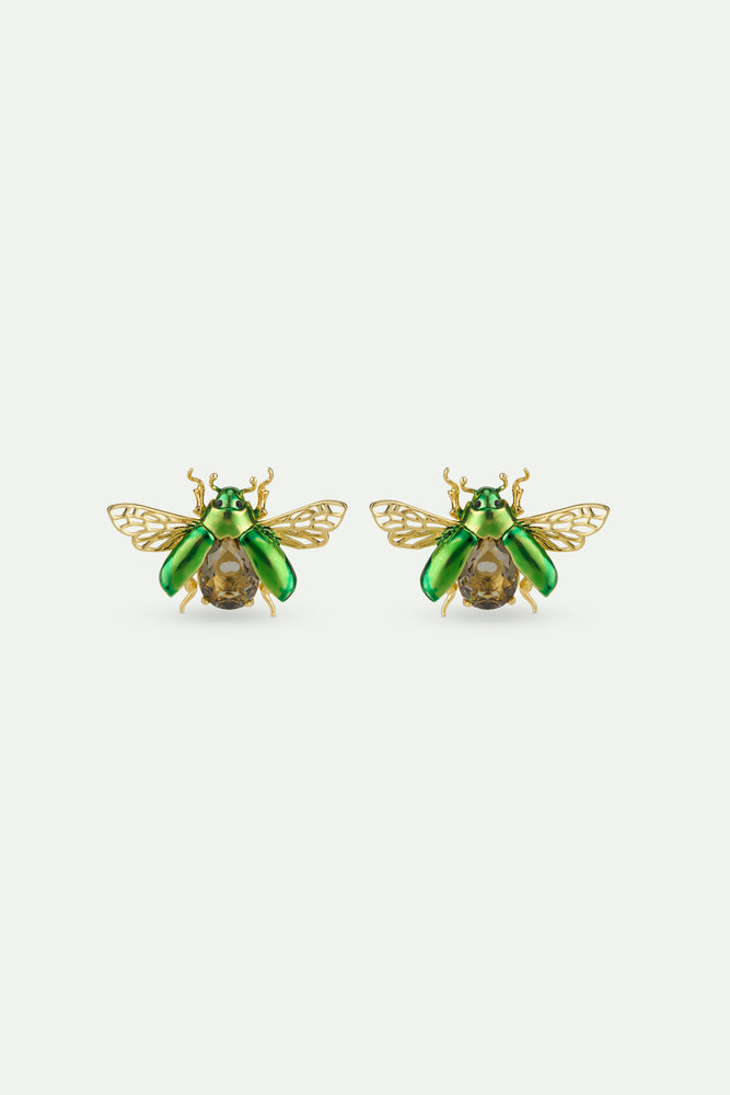 Flying Green Rose Chafer and Black Faceted Glass Stone Post Earrings