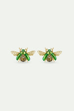 Flying Green Rose Chafer and Black Faceted Glass Stone Post Earrings