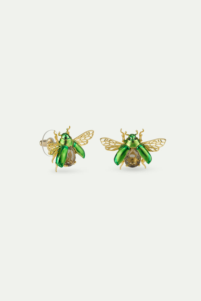 Flying Green Rose Chafer and Black Faceted Glass Stone Post Earrings