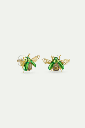 Flying Green Rose Chafer and Black Faceted Glass Stone Post Earrings