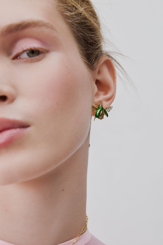 Flying Green Rose Chafer and Black Faceted Glass Stone Post Earrings