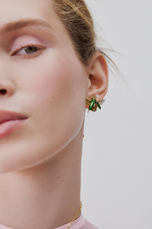Flying Green Rose Chafer and Black Faceted Glass Stone Post Earrings