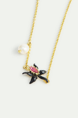 Fine Bracelet with Black Orchid, Pink Faceted Crystal and Cultured Pearl