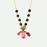 Purple Lady's Slipper Orchid Necklace with Black Faceted Glass Stones