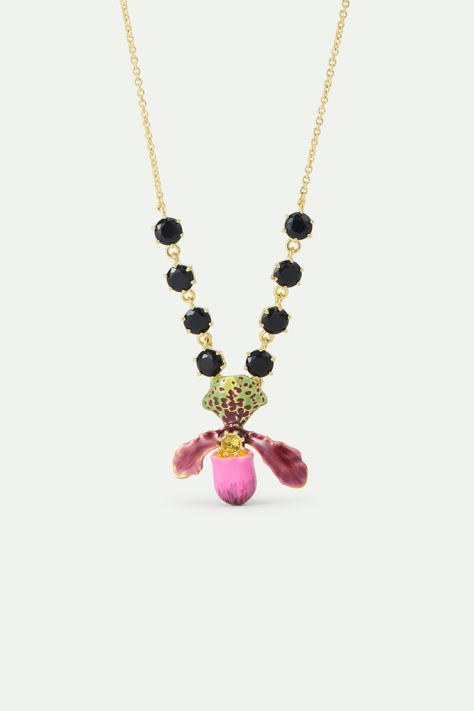 Purple Lady's Slipper Orchid Necklace with Black Faceted Glass Stones