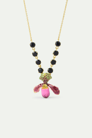Purple Lady's Slipper Orchid Necklace with Black Faceted Glass Stones