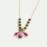 Purple Lady's Slipper Orchid Necklace with Black Faceted Glass Stones