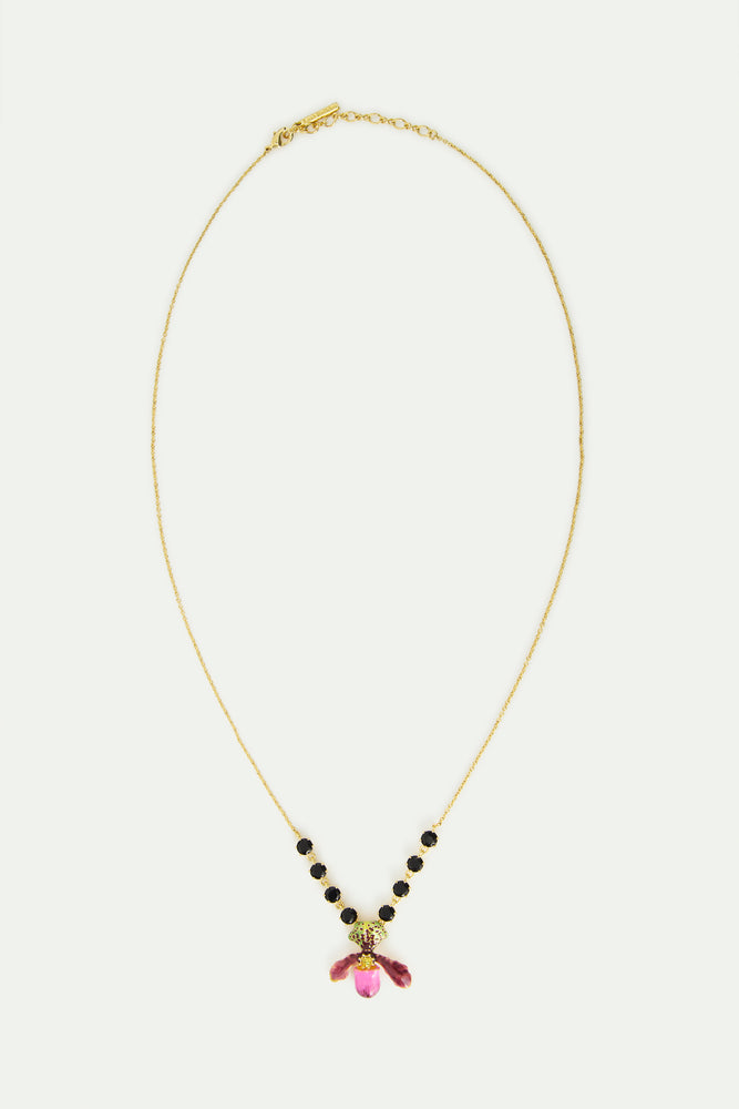 Purple Lady's Slipper Orchid Necklace with Black Faceted Glass Stones