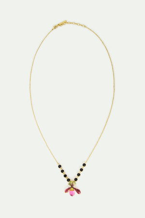 Purple Lady's Slipper Orchid Necklace with Black Faceted Glass Stones