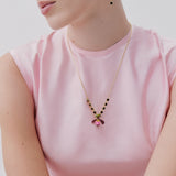 Purple Lady's Slipper Orchid Necklace with Black Faceted Glass Stones