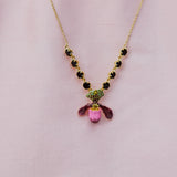 Purple Lady's Slipper Orchid Necklace with Black Faceted Glass Stones