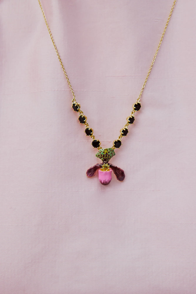 Purple Lady's Slipper Orchid Necklace with Black Faceted Glass Stones
