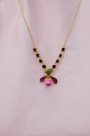 Purple Lady's Slipper Orchid Necklace with Black Faceted Glass Stones