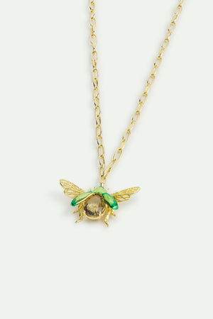 Flying Green Rose Chafer Pendant Necklace with Black Faceted Stone