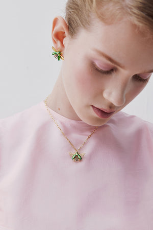 Flying Green Rose Chafer Pendant Necklace with Black Faceted Stone