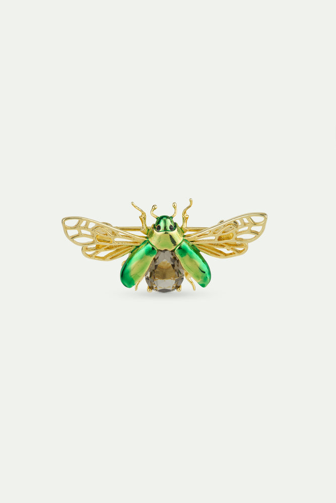 Flying Green Rose Chafer Brooch with Black Faceted Stone