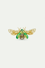 Flying Green Rose Chafer Brooch with Black Faceted Stone