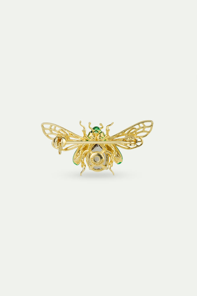 Flying Green Rose Chafer Brooch with Black Faceted Stone