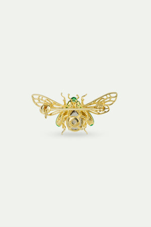 Flying Green Rose Chafer Brooch with Black Faceted Stone