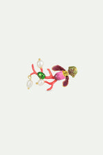 Purple Lady's Slipper Orchid Brooch with Red Coral, Green Rose Chafer, and Cultured Pearls