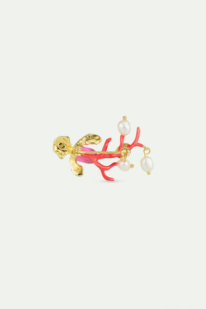 Purple Lady's Slipper Orchid Brooch with Red Coral, Green Rose Chafer, and Cultured Pearls