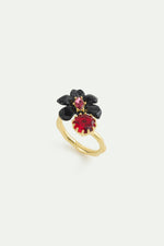 Black Orchid Adjustable Ring with Pink Faceted Crystal and Red Faceted Glass