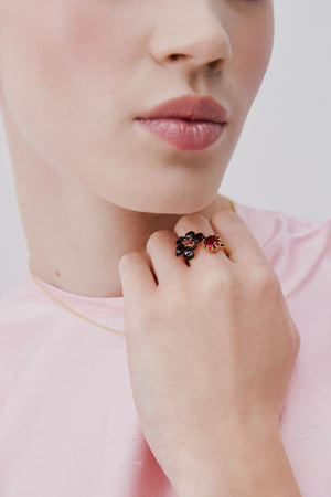 Black Orchid Adjustable Ring with Pink Faceted Crystal and Red Faceted Glass