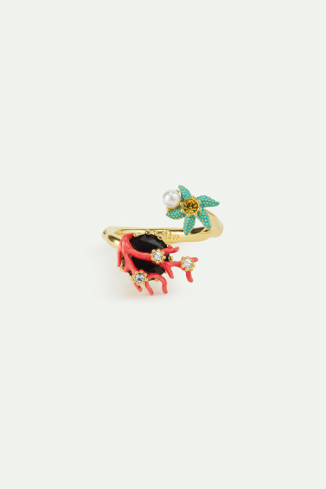 Adjustable Ring with Black Faceted Stone, Red Coral, Blue Starfish and Cultured Pearl