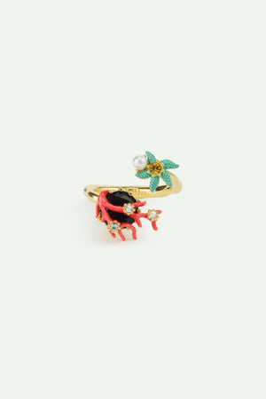 Adjustable Ring with Black Faceted Stone, Red Coral, Blue Starfish and Cultured Pearl