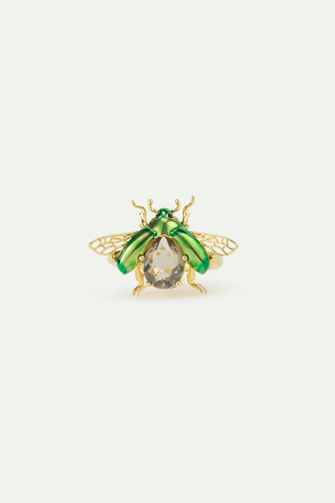 Flying Green Rose Chafer and Black Faceted Stone Ring