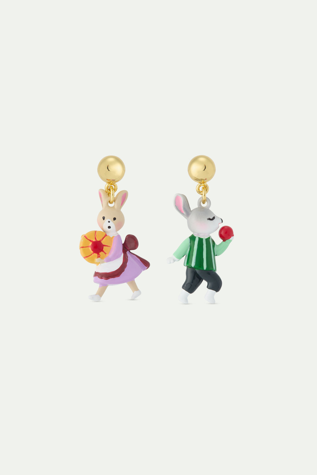 N2 Asymmetrical Dangle Post Earrings with Rabbit Hansel and Gretel