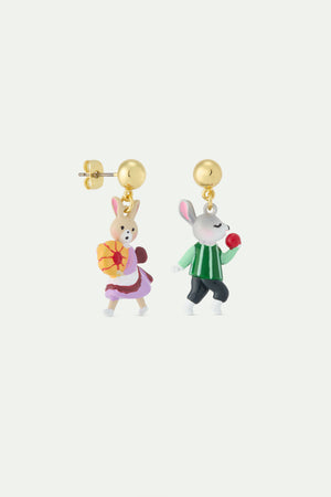 N2 Asymmetrical Dangle Post Earrings with Rabbit Hansel and Gretel