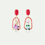 N2 Asymmetrical Dangle Post Earrings with Rabbit Hansel and Gretel on Red Swing
